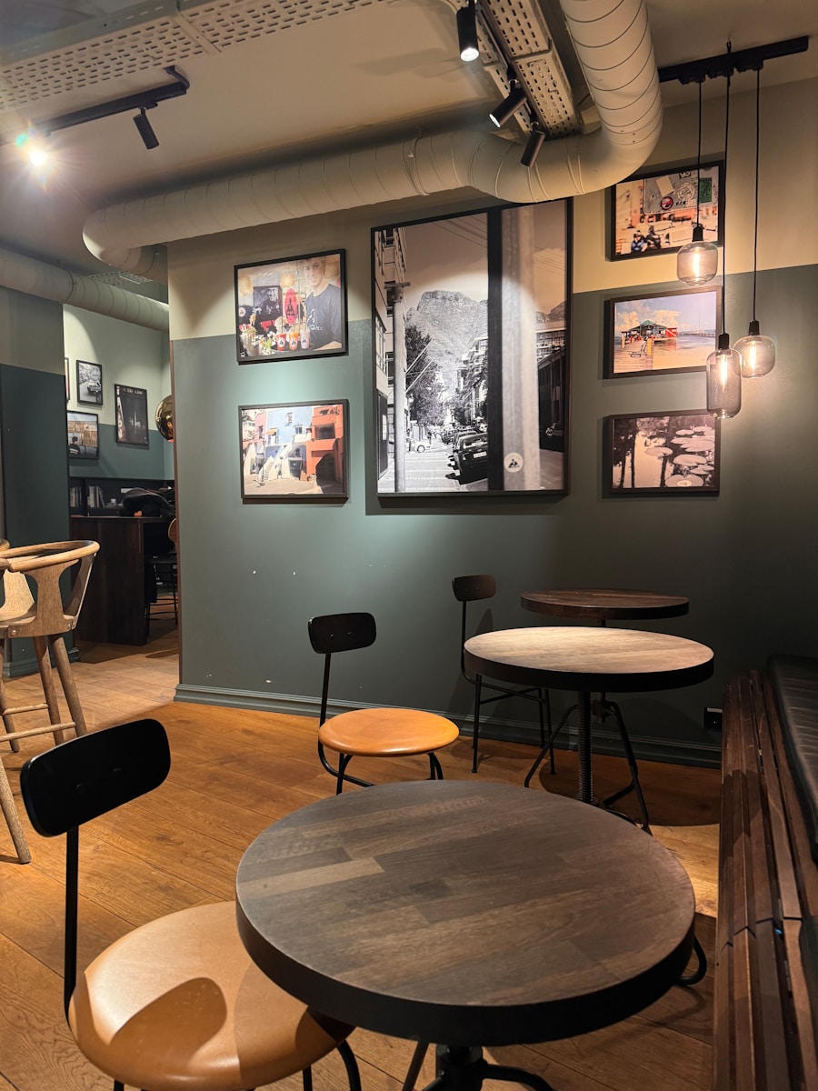 a room filled with tables and chairs and pictures on the wall